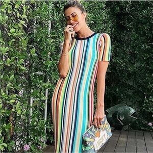 Milly Rainbow Stripe Knit Short Sleeve Dress